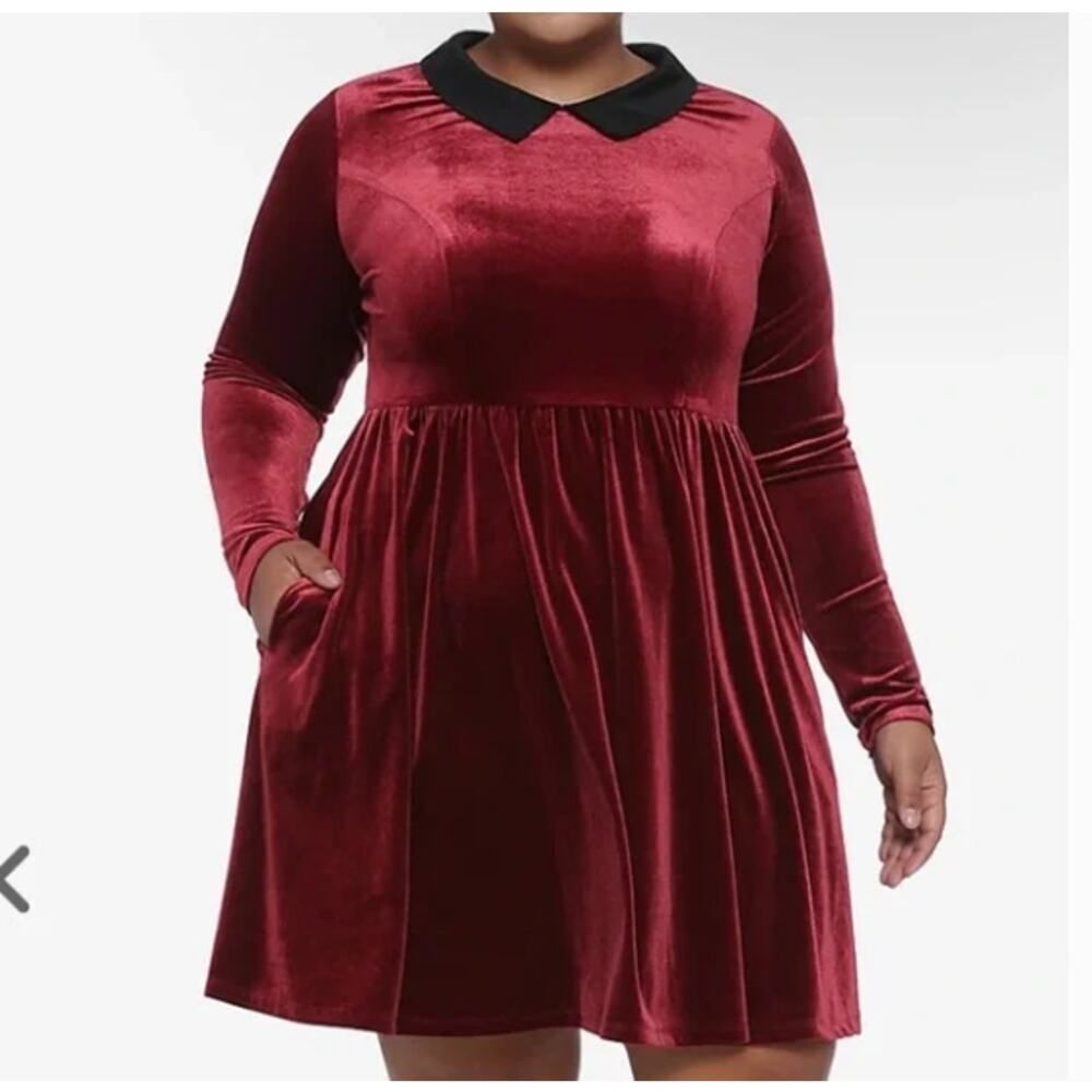 Hot Topic Red Velvet Long Sleeve Collared Dress Medium Gothic Witch Grunge